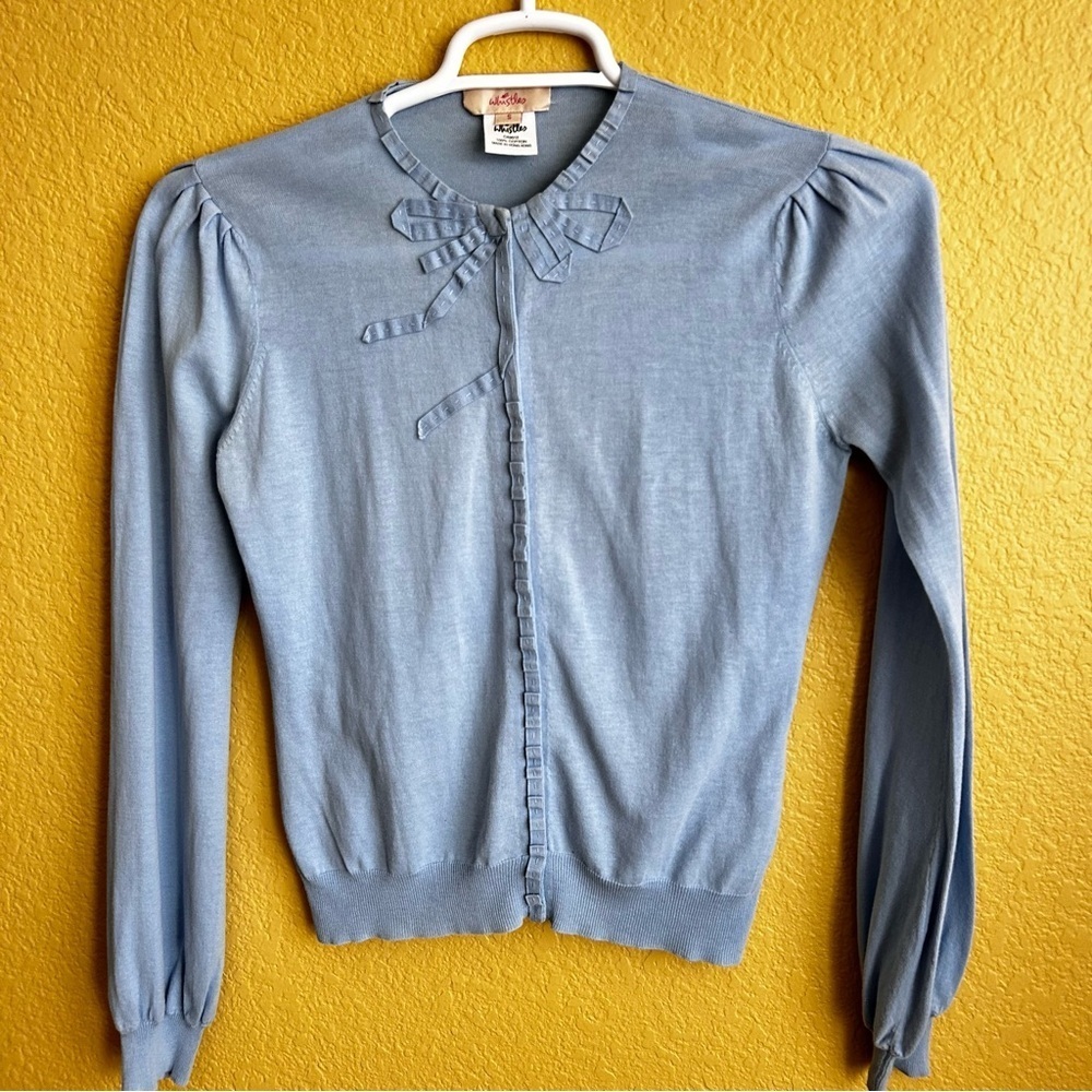 Whistles Lightweight Cotton Blue Cardigan with Bow Accent
